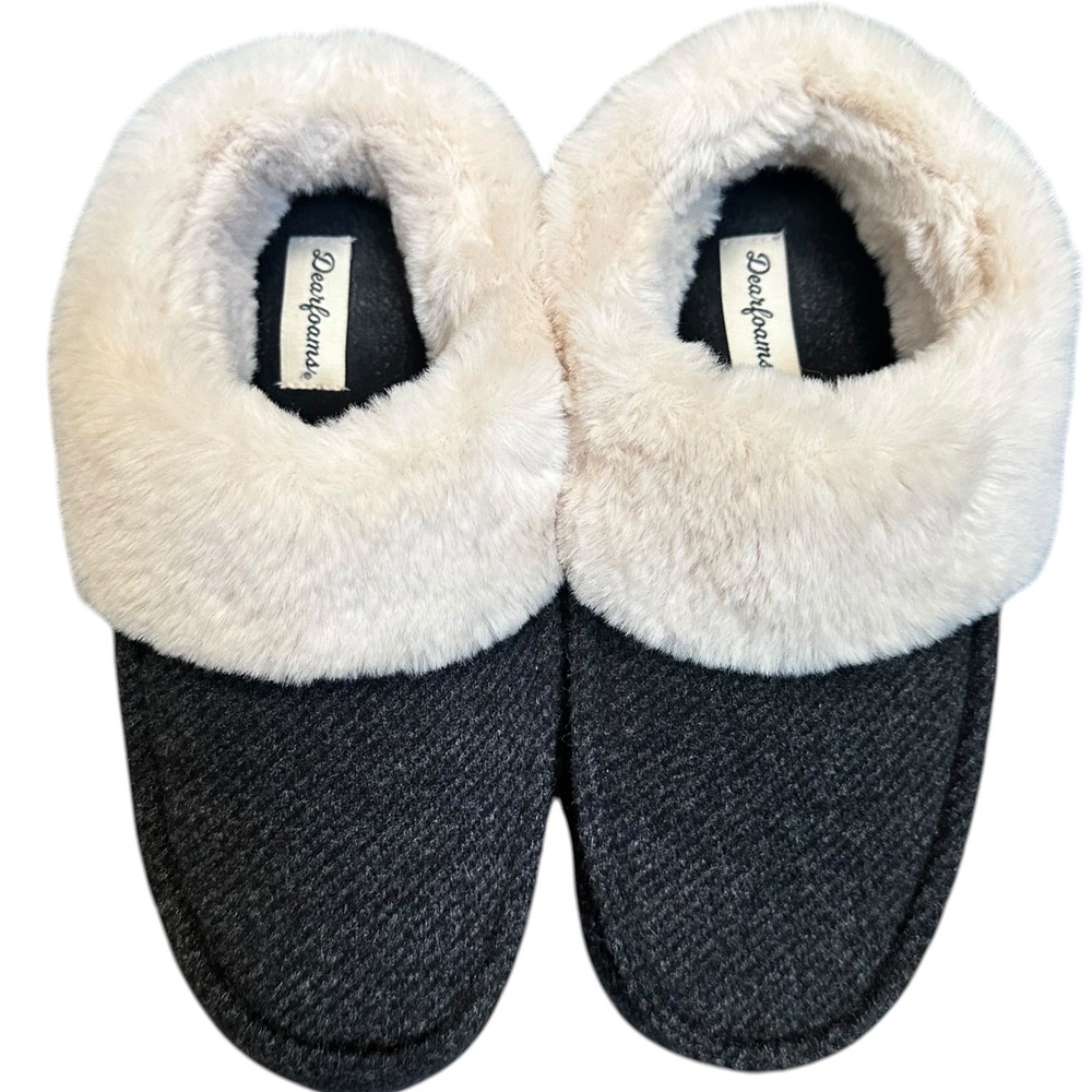 Dearfoams Slippers Women Medium 7-8 Charcoal Grey NWOT Tweed Faux Fur Scuff